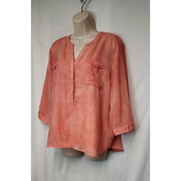 APT.9 Women's Noched V-Neck Roll-Tab 3/4 Sleeve Multi-Orange Sheer Blouse XLP - Picture 3 of 12